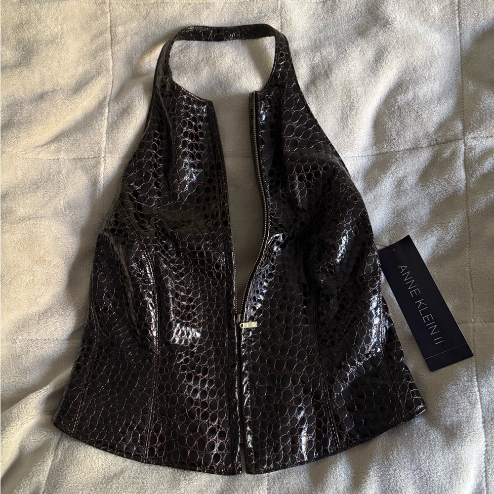 Anne Klein Black Faux Croc Halter Zip Front Top